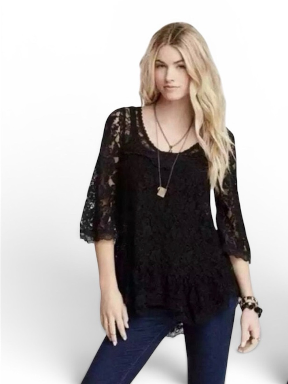 Free People Black Scallop Lace Floral Peplum Top Size Medium